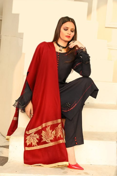 Black Shirt with Red Embroidery & Beats, Trouser, Wool Shawl