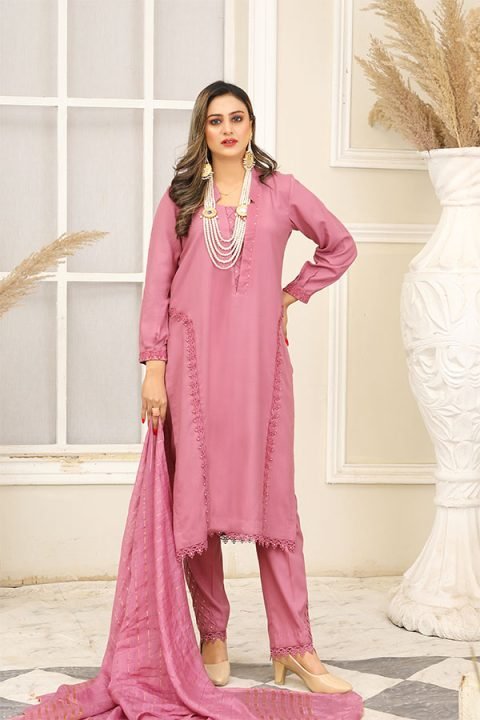 Dhanak Tea Pink Shirt With Lace ,Duppata Cotton With Tussel, Design Trouser