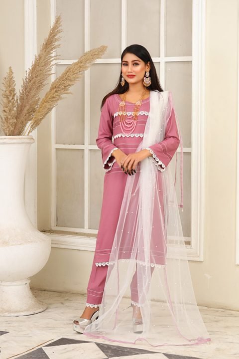 Dhanak Tea Pink With White Lace Shirt Combination, Net Dupatta, Design Trouser